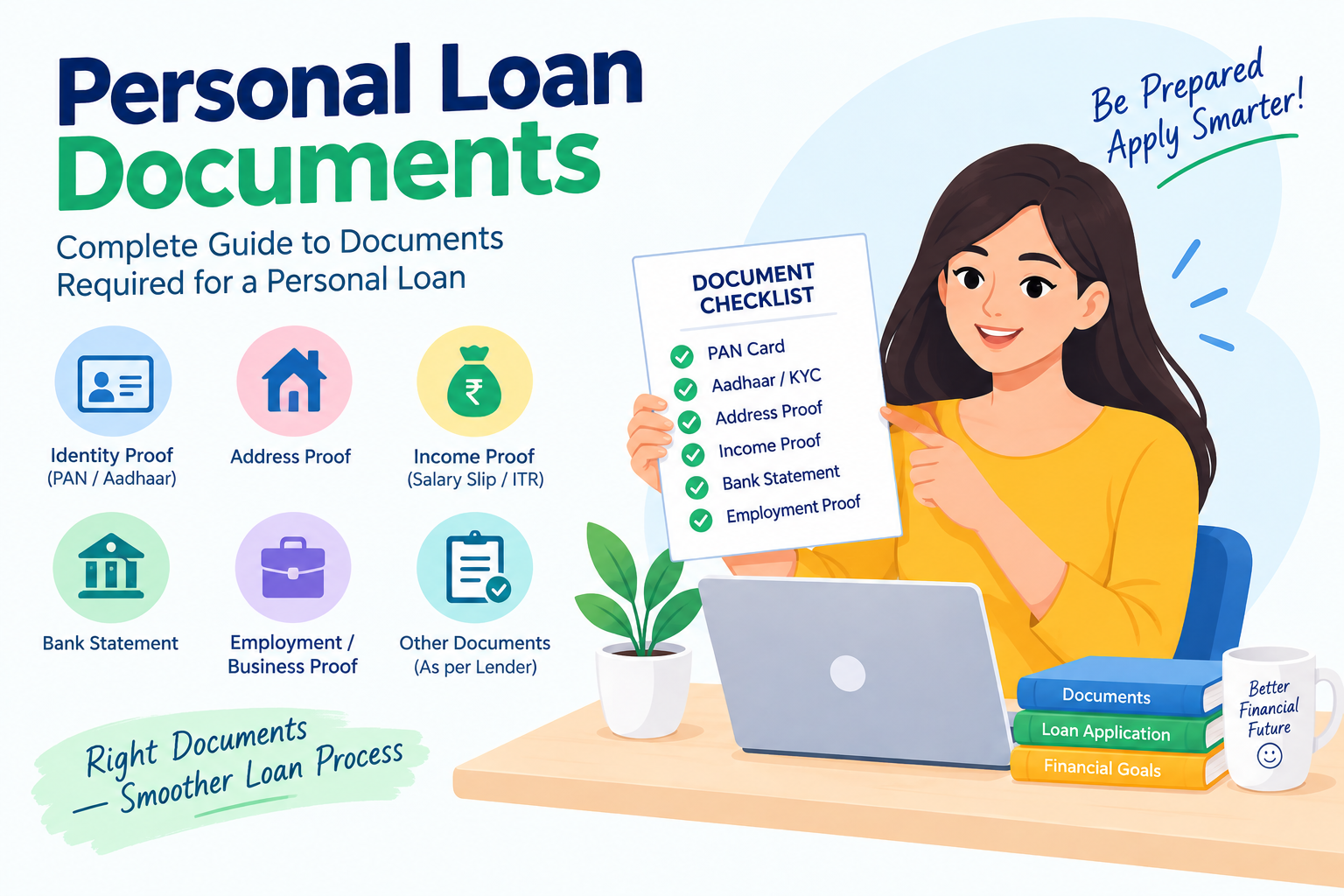 Personal loan documents checklist showing PAN card, KYC, address proof, income proof, bank statement, employment proof, and other documents required for a personal loan application.